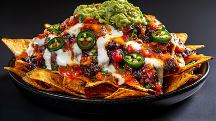 Deliciously Layered Nachos with Guacamole, Jalapeños, Cheese, and Spicy Toppings on a Black Plate