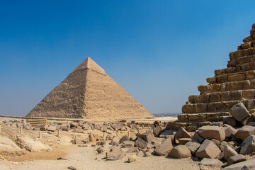 View of The Giza Necropolis, Famed archaeological site featuring the Great Pyramids, the Great Sphinx and The Great Pyramid of Giza in the desert of Giza, Cairo, Egypt.