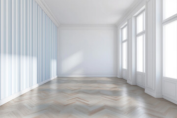 A minimalist empty room with pristine white walls and a polished parquet floor