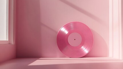 Pink vinyl record on pink room with window