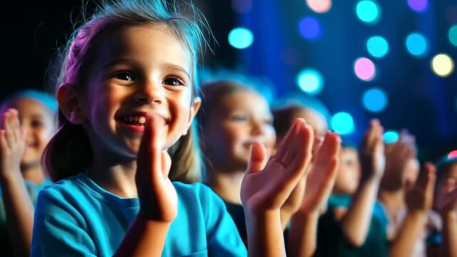 A children&rsquo;s theater show concludes with delighted kids and parents clapping excitedly. Bright stage colors and playful decorations enhance the joyful mood.
