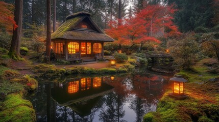 Obraz premium Illuminated thatched hut in autumnal Japanese garden