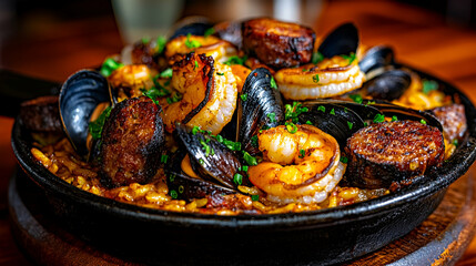 Fototapeta premium Fresh seafood paella served in a traditional pan with shrimp, mussels, and flavorful sausage on a rustic wooden table