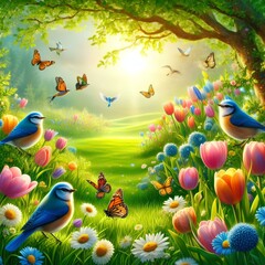 A breathtaking spring meadow, bursting with life&mdash;lush green grass, vibrant tulips, and tiny daisies stretching toward the sky. Butterflies flutter lazily, and a family of bluebirds plays in the branch