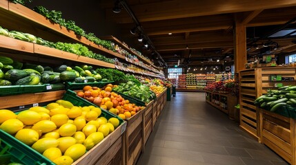 Vibrant display of fresh fruits and vegetables in a modern grocery store aisle