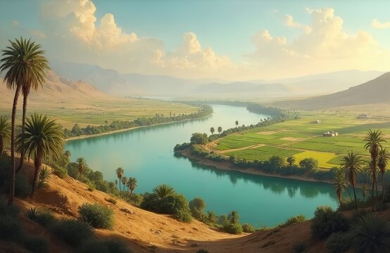 Panoramic serene landscape with Tigris river, Euphrates river, palm trees, agricultural fields. Farming, irrigation in Mesopotamia, Middle East. Natural beauty of waterway in vale under blue cloudy