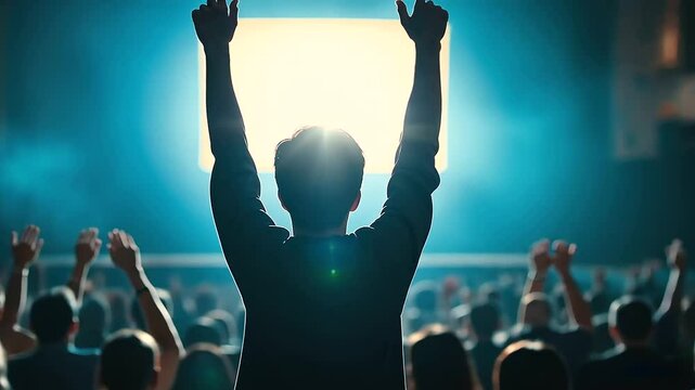 A film festival screening ends with a standing ovation. Enthusiastic viewers applaud in a grand cinema hall, their silhouettes contrasting against the dim projector light.