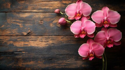 Fototapeta premium Stunning Arrangement of Phalaenopsis Orchid on a Rustic Wooden Table Accentuating Nature's Beauty