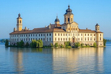 Obraz premium Island monastery reflected in calm lake water