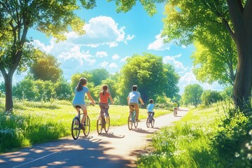 Obraz premium A happy family enjoying a bike ride along a scenic park pathway on a bright sunny day