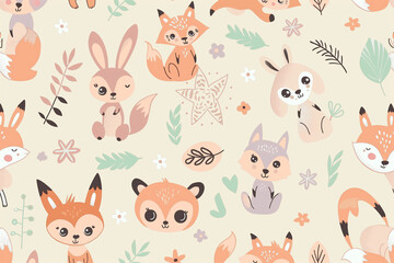 A seamless pattern featuring whimsical hand-drawn animals in playful poses, such as foxes, rabbits, and bears, scattered across a soft, neutral background