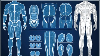 Human anatomy diagram, muscle structure, various views, educational purpose