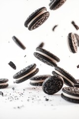 Falling Oreo Cookies in Air White Background Delicious Snack Food Photography