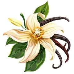 Naklejka premium Delicious vanilla flower with spice pods and green leaves on white background