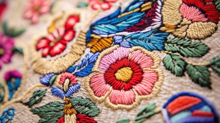 Intricate floral embroidery with colorful thread detailing National Embroidery Month