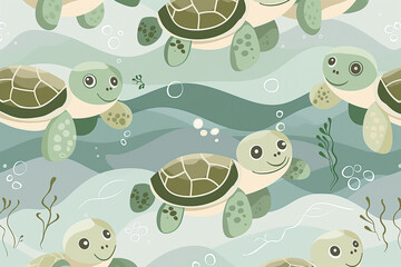 A seamless repeat pattern featuring cute vector swimming turtles