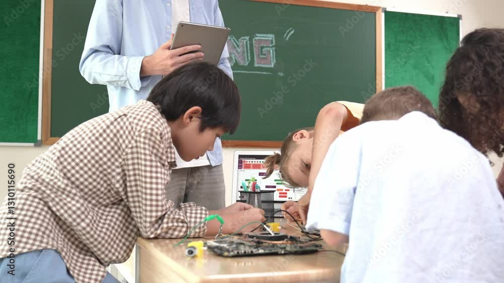Poster group of diverse student working together on main board with laptop screen display engineering promp