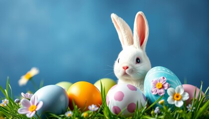 Easter bunny and lots of colorful eggs