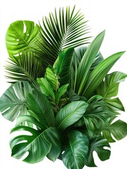 Bouquet of various tropical leaves on a white background, close-up, with emphasis on the details of the leaf texture and bright green colors