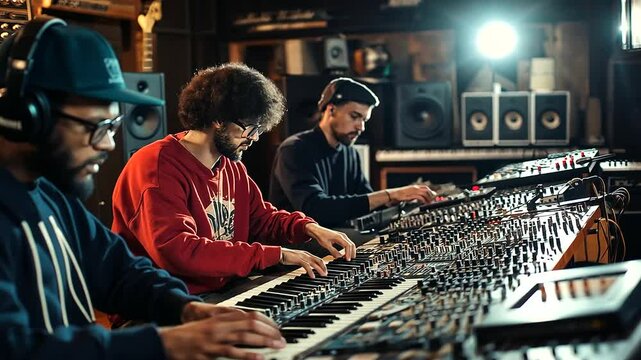 A group of musicians of different genres create a fusion sound in a recording studio, surrounded by instruments and soundboards.
