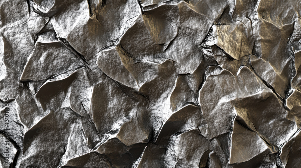 Poster crumpled metallic texture pattern showcasing intricate folds and shadows from light reflections