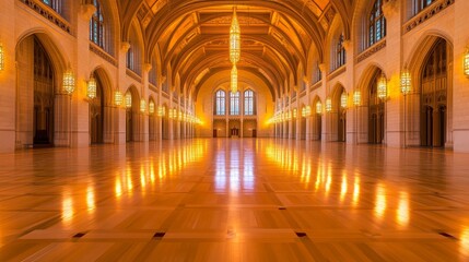 Grand hall with intricate architecture, warm lighting, and polished floor reflecting chandeliers