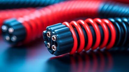 Red and black cables on a dark surface, coiled, for electricity or data