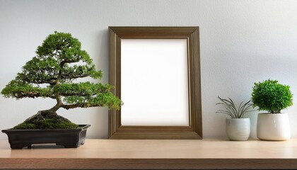 Minimalist Study of a Desk Scene with an Empty Picture Frame, Bonsai Tree, and Potted Plants against a White Backdrop Tranquil, Artistic and Zenlike Still Life