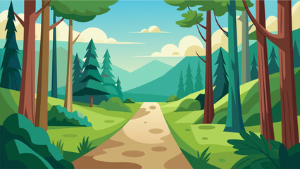 Naklejka premium Take a break from the hustle and bustle of everyday life and unwind on a peaceful virtual hike through a tranquil forest.. Vector illustration