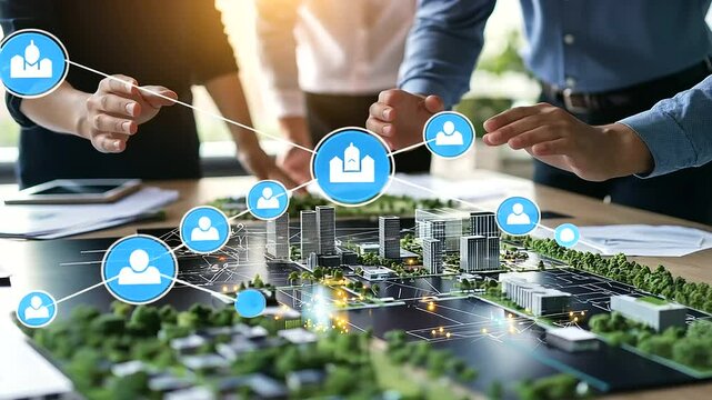 Architects discuss sustainable city designs over a D model, their hands pointing at different sections, finding innovative solutions.