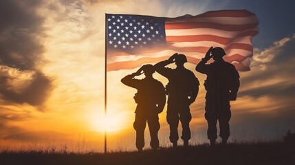 Fototapeta premium Soldier silhouettes rendering military salute near waving american flag, dramatic sunset lighting honoring military sacrifice