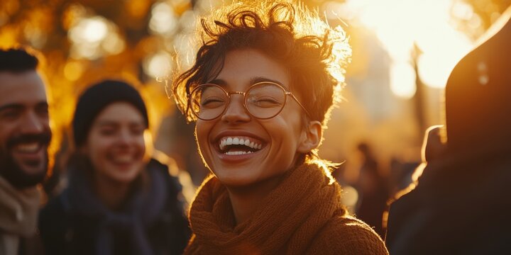 Young woman wearing glasses is laughing with friends outdoors at sunset for world happiness day