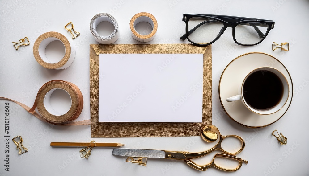 Aufkleber top view of white working table with diy tools and coffee handmade artistry meets daily routine amid