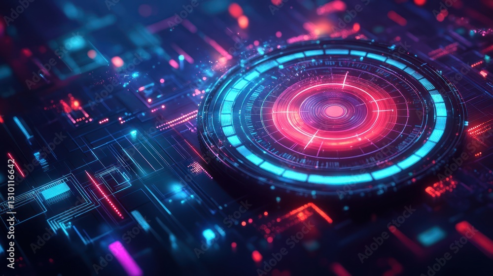 Poster futuristic technology interface with glowing circular element on a circuit board.