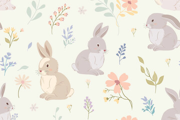 A simple and charming spring seamless pattern featuring cute bunnies and delicate flowers 