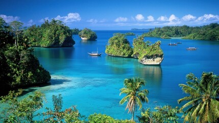 Obraz premium Tropical islands, calm sea, small boats, scenic bay