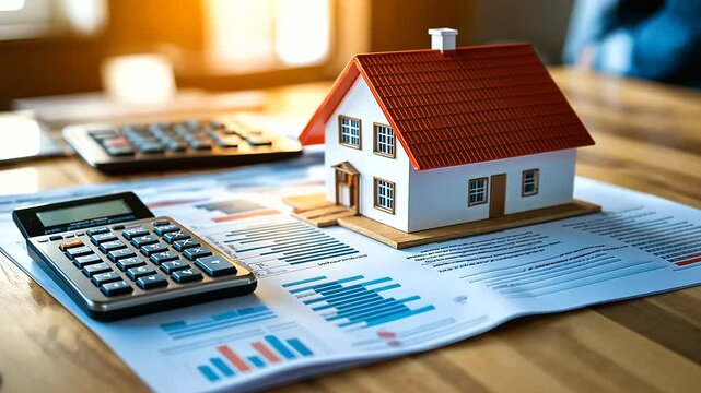 A wooden table holds a small house model and a calculator, surrounded by financial documents, representing mortgage rates, home loans, and real estate budgeting.