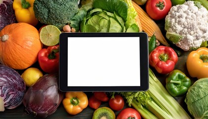 Vibrant Vegetable Scene against a Modern Backdrop Digital Tablet Showcasing Healthy Food Inspiration in a Wholesome, Artistic Setting