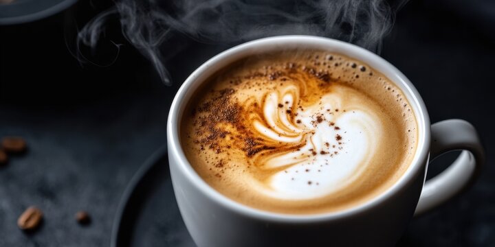 Steaming cup of cappuccino with latte art in cozy setting for cafes and morning refreshment concepts