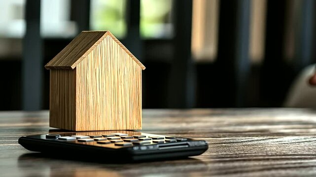 A tiny wooden house model stands beside a digital calculator, with a hand pressing a button, emphasizing home loan calculations, mortgage affordability, and housing costs.