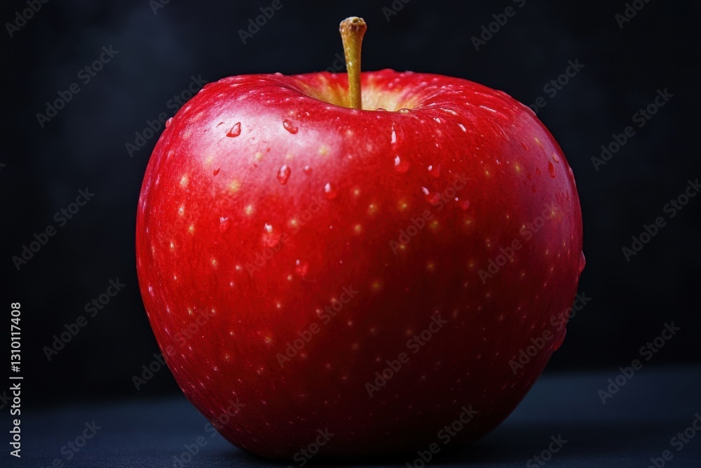 Poster Fresh red apple with droplets on surface showcasing vibrant color and texture against dark background
