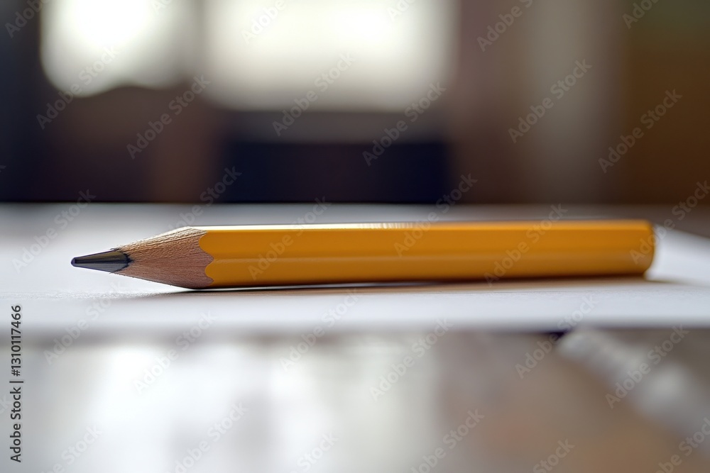 Poster yellow pencil rests on white paper in a sunlit room with a blurred background of furniture and soft 