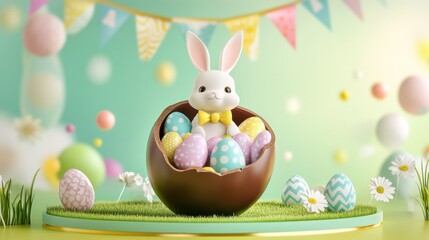 Obraz premium Cute easter bunny in chocolate egg surrounded by colorful pastel eggs and festive bunting