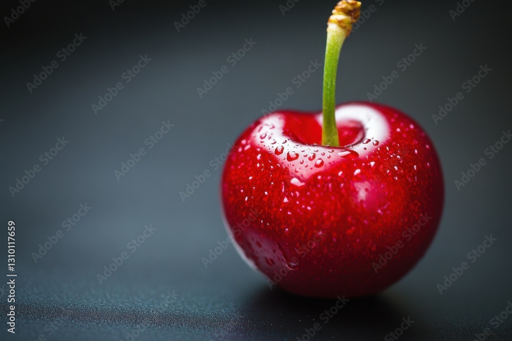 Poster fresh red cherry with droplets on a dark surface, highlighting the vibrant texture and color of the 