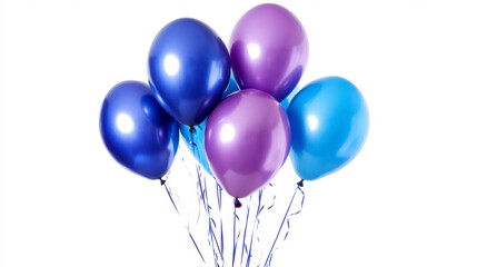 Vibrant blue and purple balloons cluster on white background