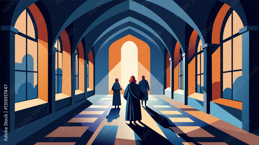 Poster sun rays filtering through stained glass windows as the group walks through the peaceful hallways of