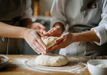 Two hands kneading dough together, showcasing the art of baking