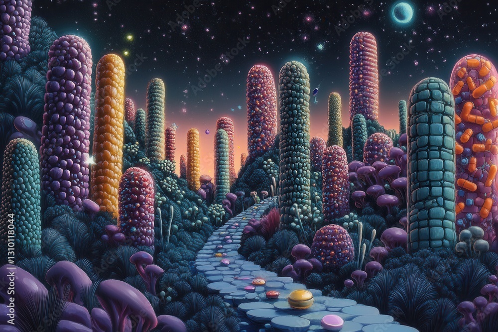 Poster surreal landscape of colorful pill structures under dreamlike lighting in a fantastical realm genera