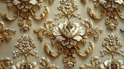 Elegant Gold and White Floral Damask Wallpaper Design - Powered by Adobe