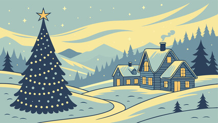 Fototapeta premium Festive winter landscape with a village in the background and festive SVG, Christmas tree in the foreground SVG. Illustration can be used as a Christmas holiday card AI, Day, EPS, PNG, JPEG File.